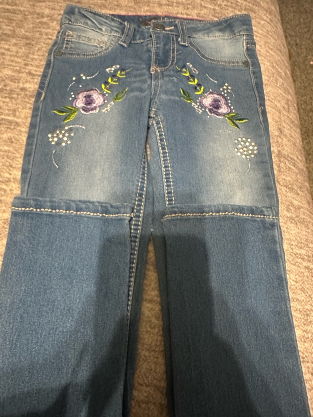 Lee Blue Denim Wide-Leg Jeans with Purple Floral Embroidery
